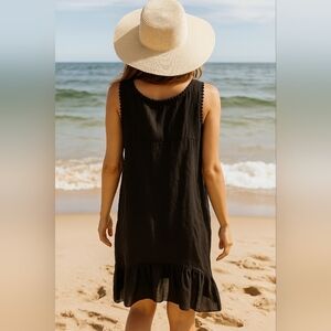 New Sleeveless Linen Silk Asymmetric Ruffle Hem Maxi Dress BLACK sz XS -M Italy
